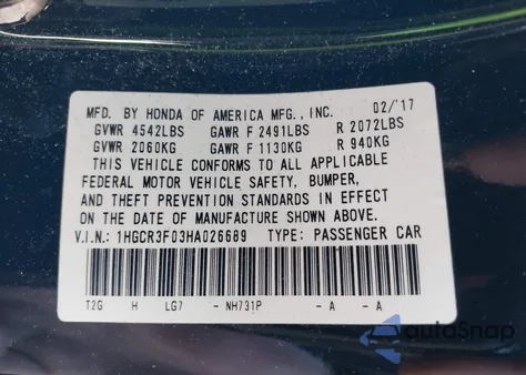 2017 Honda Accord Ex-L V6 z USA, uszkodzony, nr VIN 1HGCR3F03HA026689